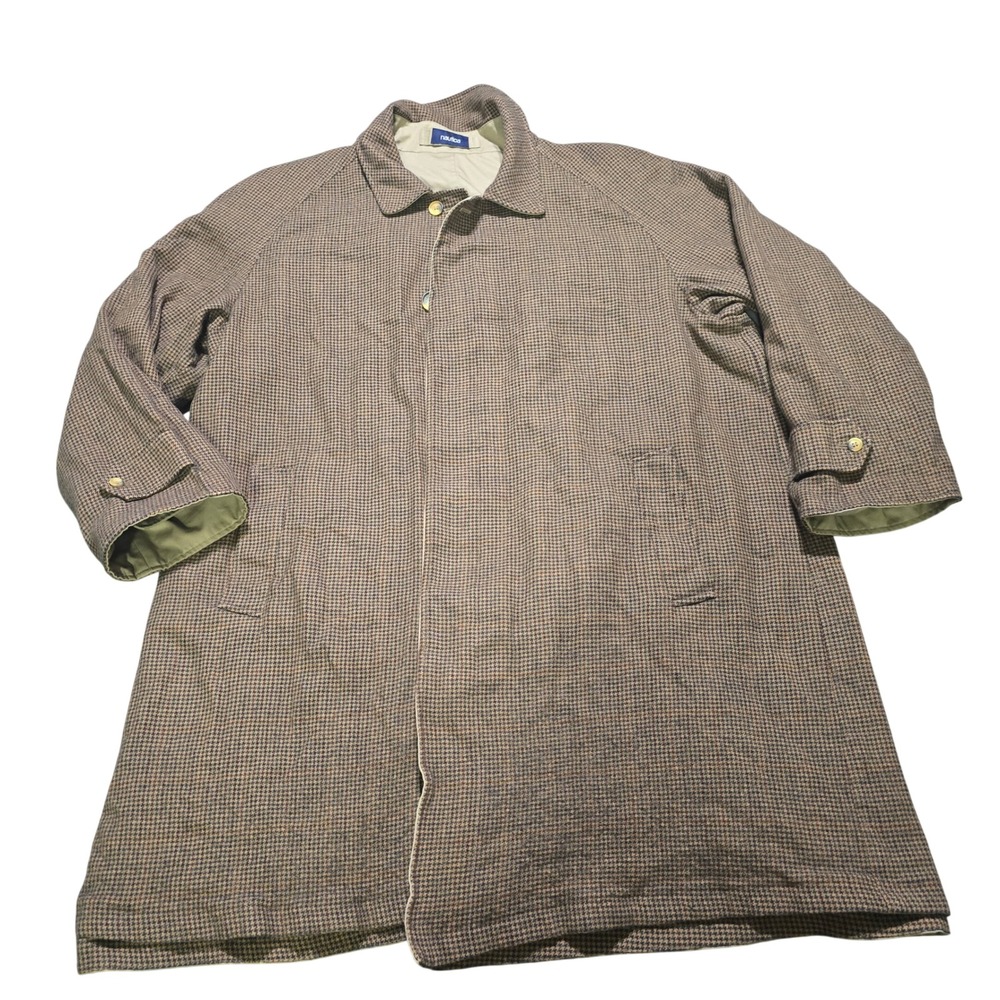 Nautica Reversible Car Coat Mens 56 Tan Brown Houndstooth Wool Cotton